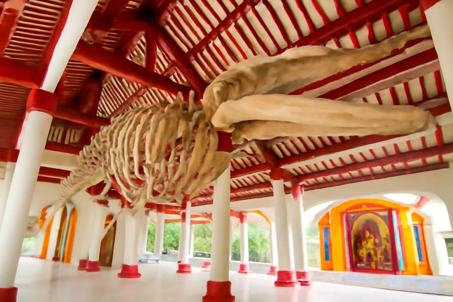 Bộ xương cá voi lớn trong lăng thờ cá Ông ở làng biển