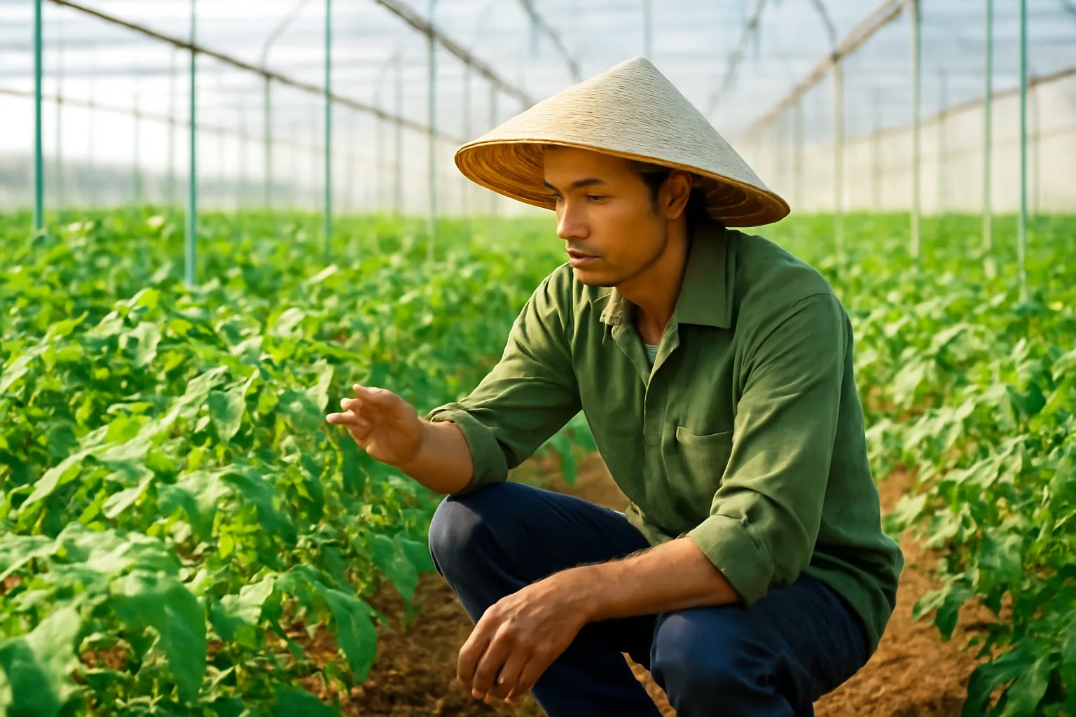 Người làm vườn cúi xem lá cây cà chua trong nhà lưới