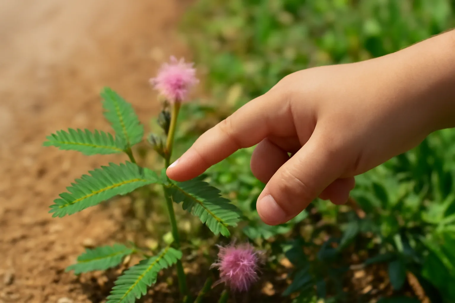 Ngón tay trẻ con chạm vào lá cây trinh nữ ven đường đất