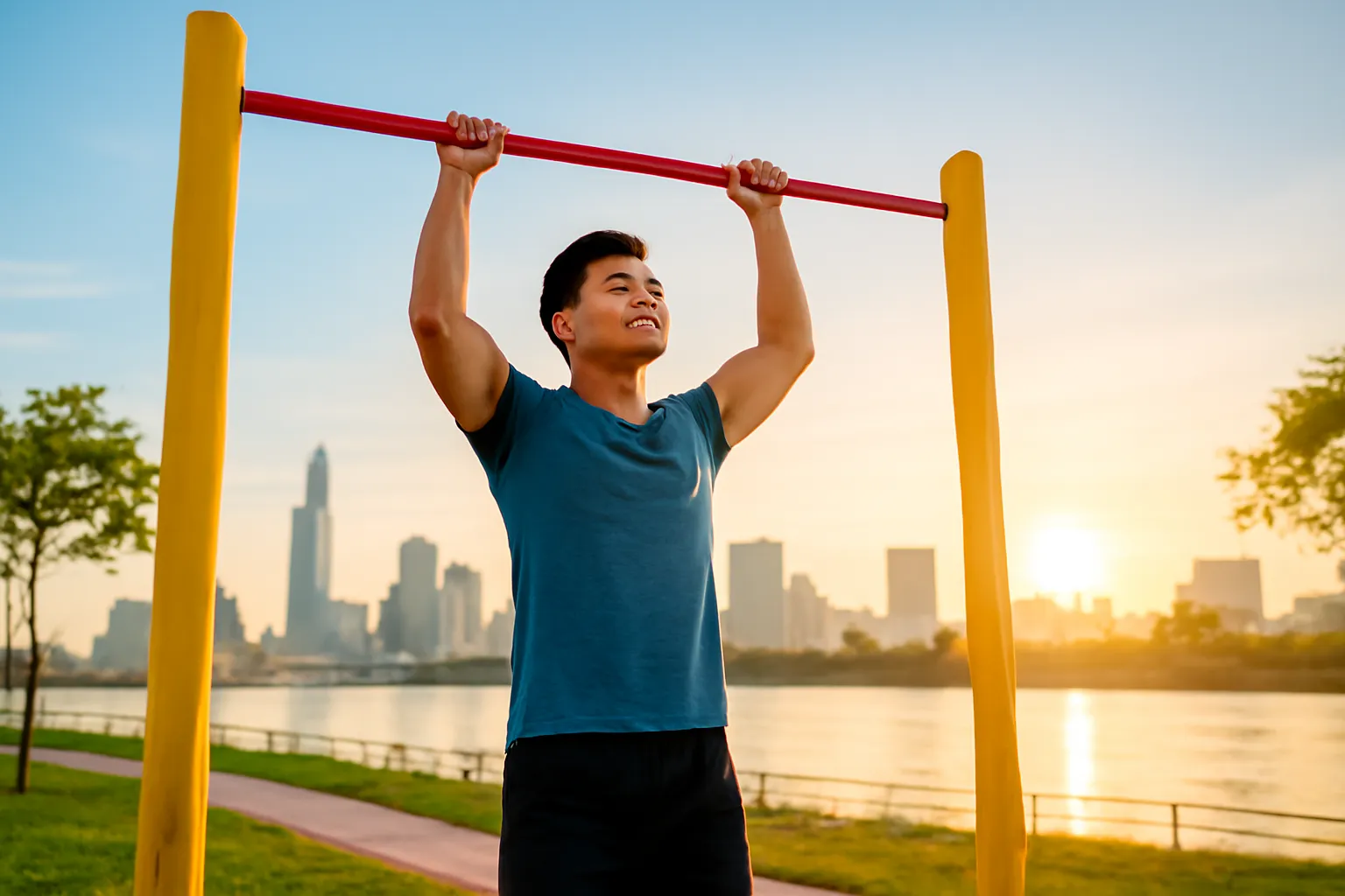 Chàng trai tập kéo xà ở công viên ven sông lúc sáng sớm