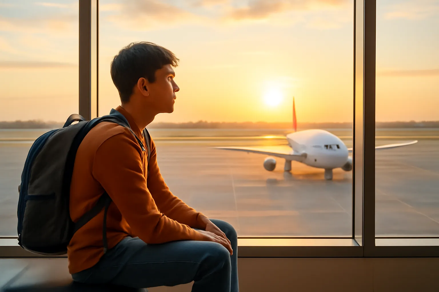 Hành khách ngồi cạnh cửa kính sân bay nhìn máy bay lúc bình minh