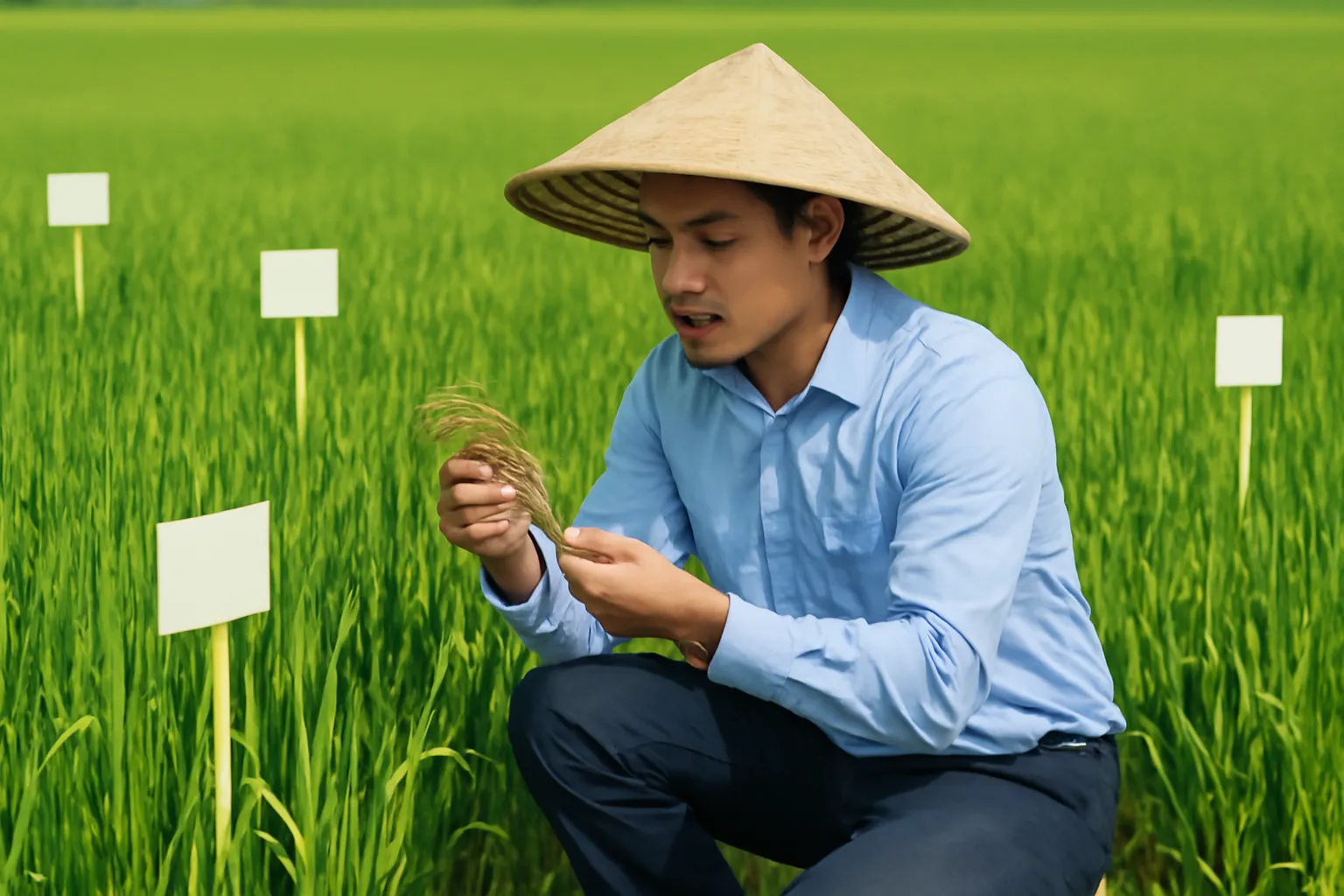 Nhà chọn giống ngồi ghi chép giữa các ô lúa thí nghiệm