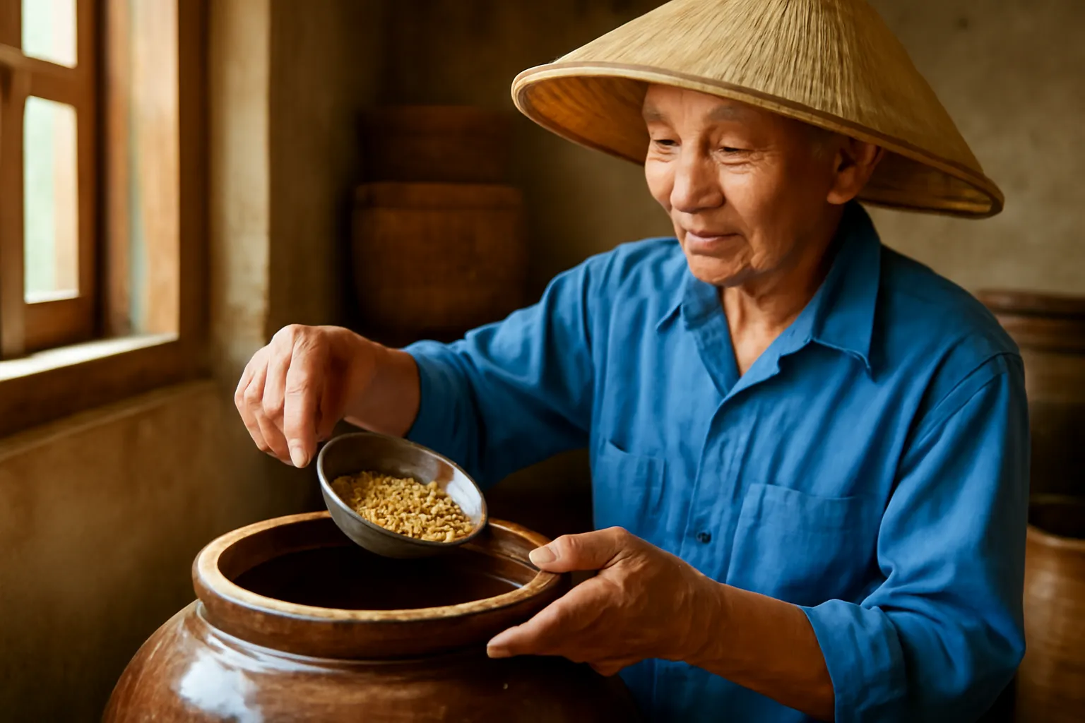 Bàn tay ông lão vốc hạt giống trong chum sành ở kho nhà nông