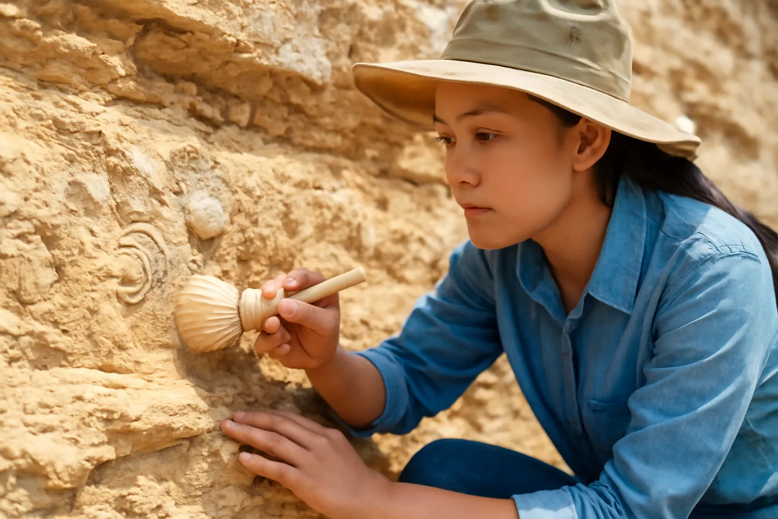 Nhà cổ sinh vật quỳ bên lớp đá có vỏ ốc hoá thạch