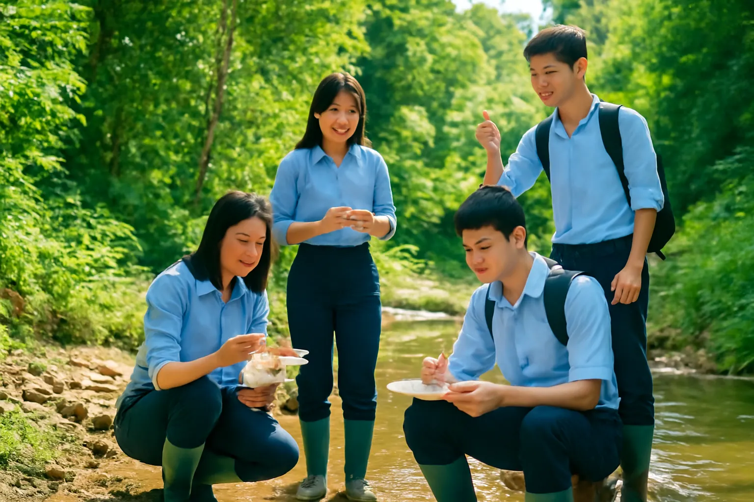 Nhóm sinh viên đi thực địa ghi chép bên suối rừng