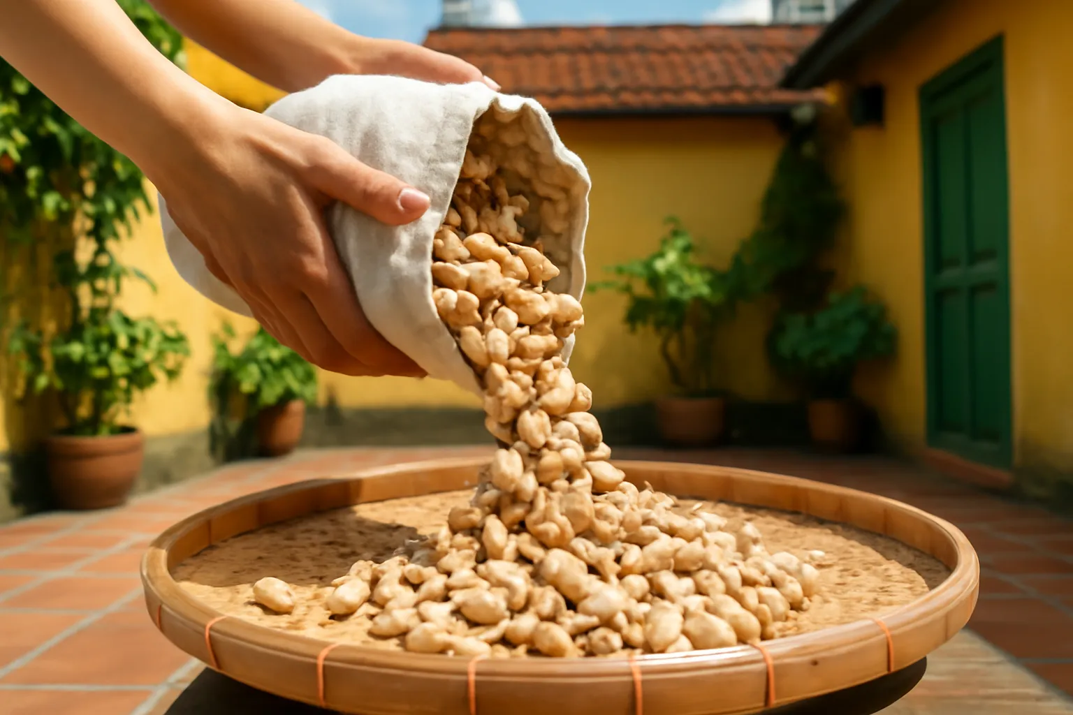 Bàn tay đổ lạc khô ra nia tre để nhặt hạt xấu