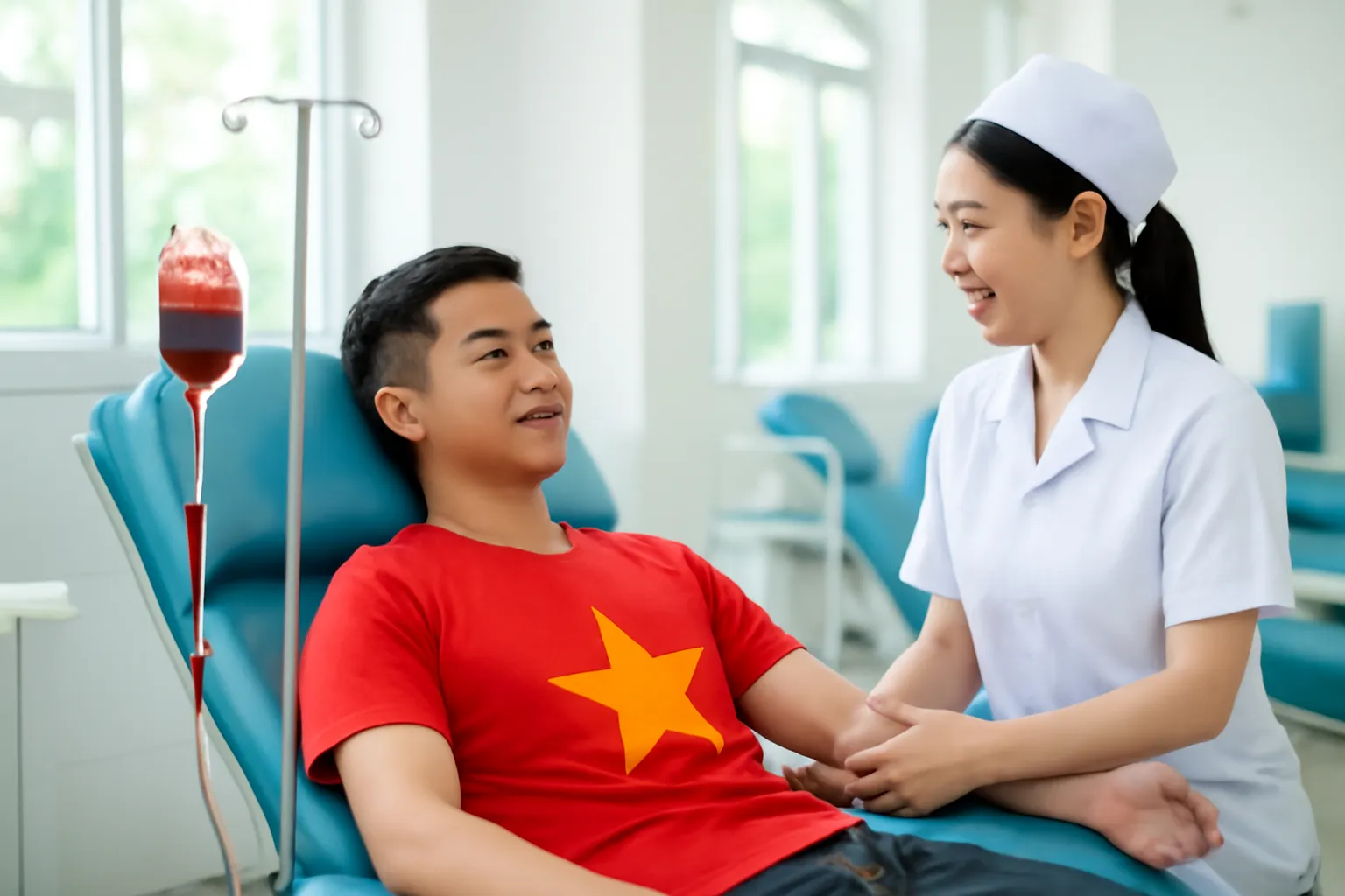 Người hiến máu nằm trên ghế, túi máu đỏ treo trên giá tại điểm hiến máu