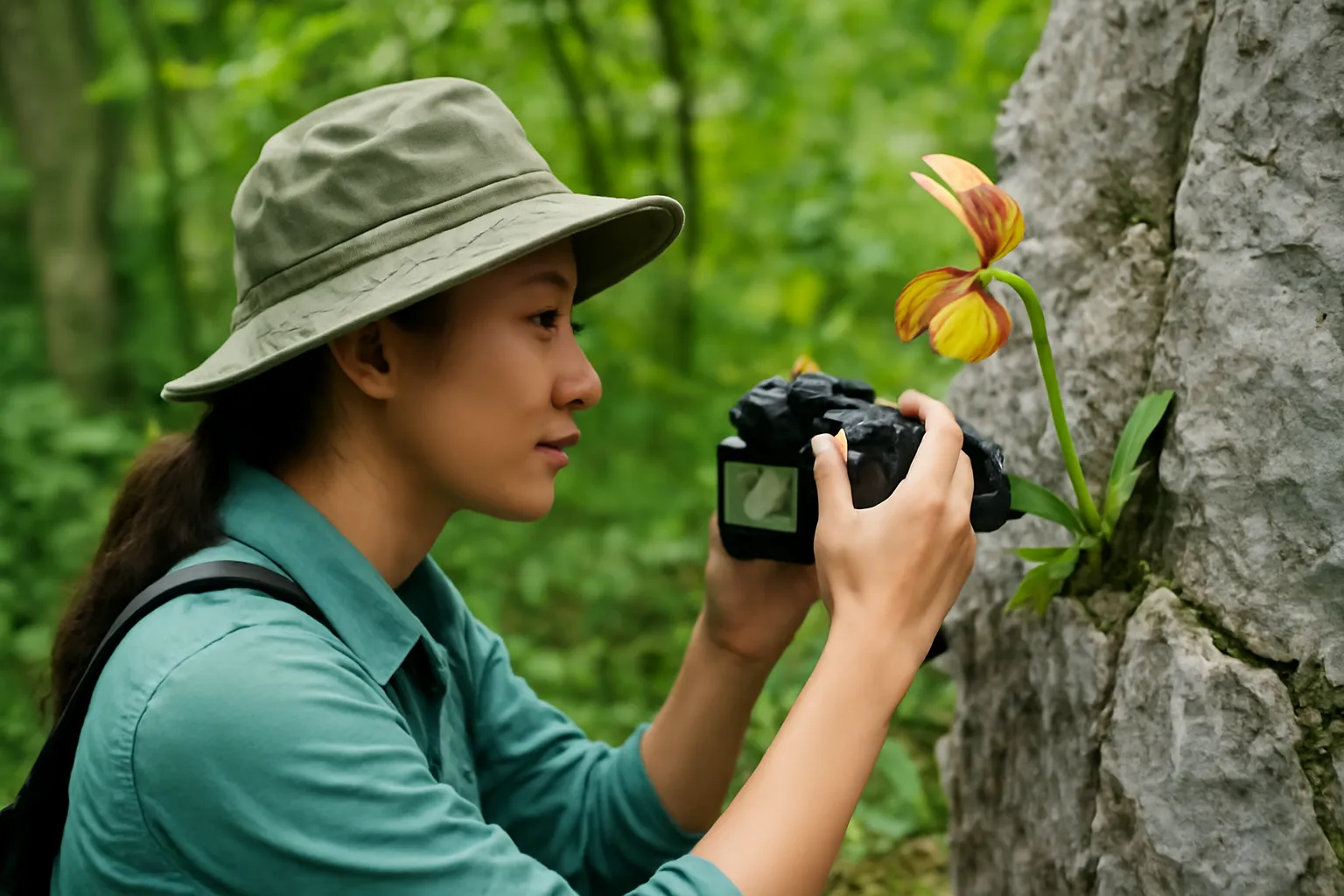 Nhà thực vật học trẻ chụp ảnh cây lan mọc trong khe đá vôi