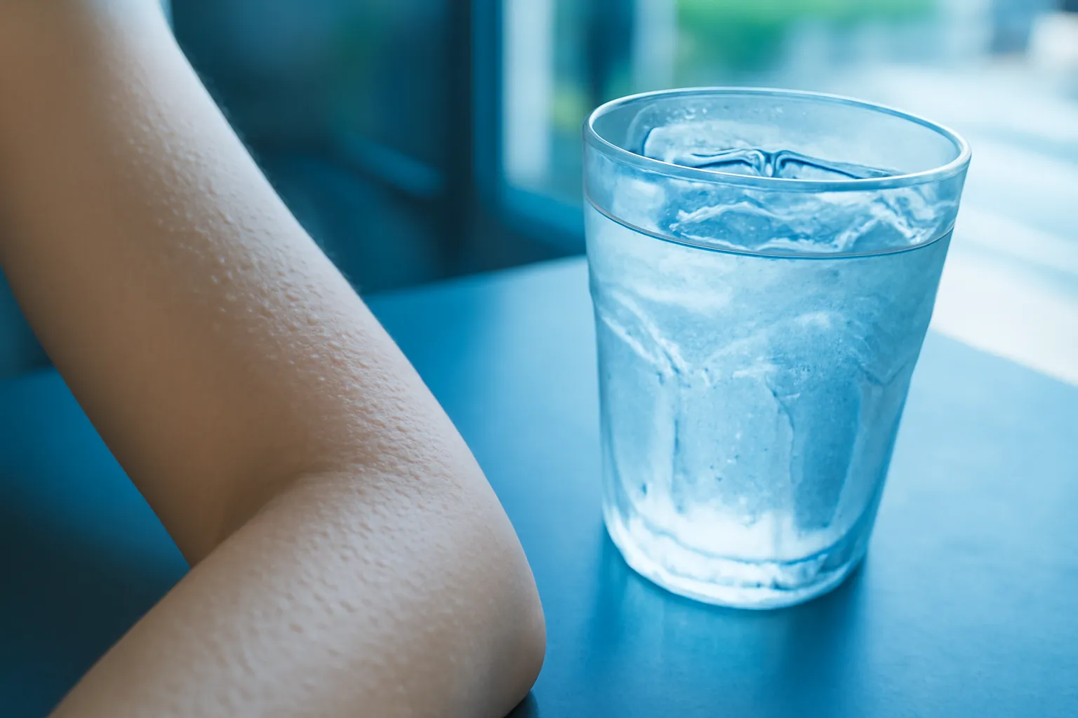 Cánh tay nổi da gà đặt cạnh ly nước đá