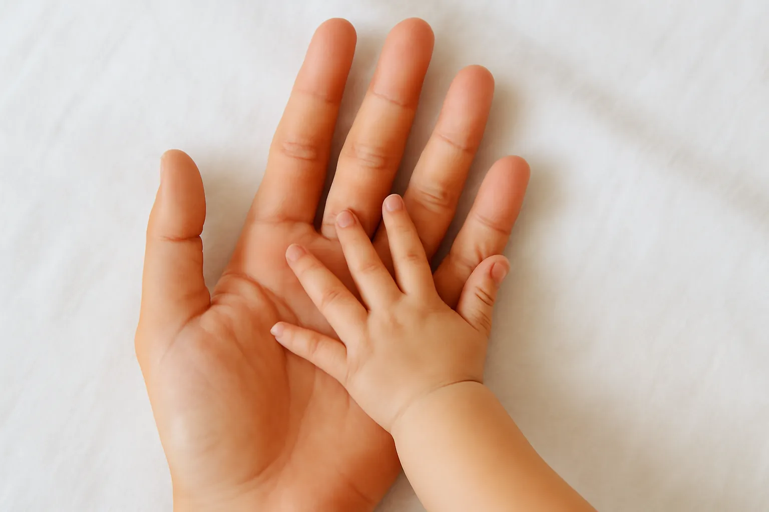 Bàn tay em bé xoè năm ngón đặt trên bàn tay mẹ