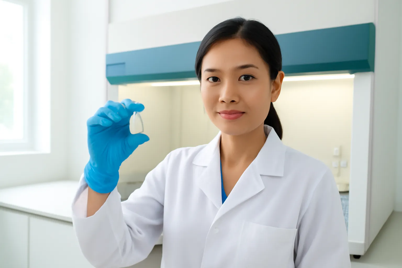 Kỹ thuật viên đeo găng xanh cầm ống nghiệm nhỏ trước tủ an toàn sinh học