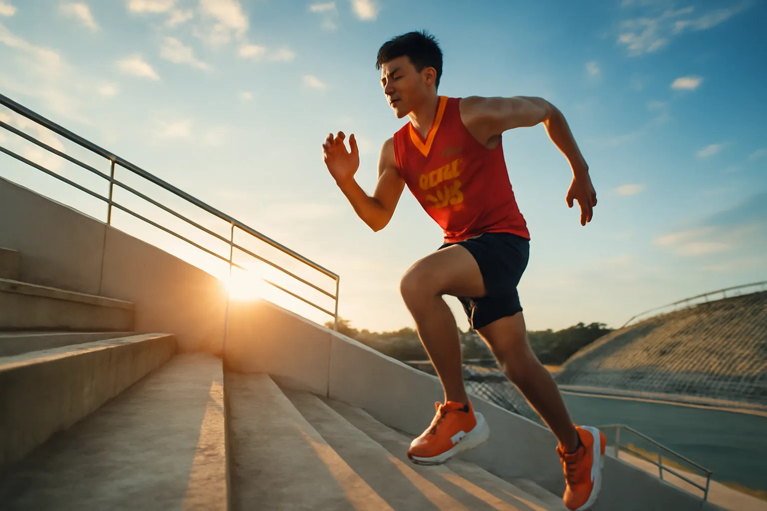 Vận động viên trẻ chạy lên bậc cầu thang sân vận động lúc sáng sớm