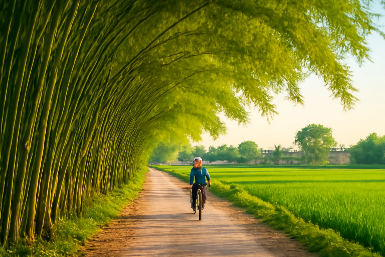 Lũy tre làng nghiêng bên đường đê trong nắng chiều