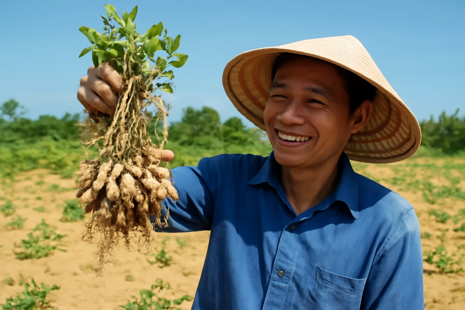 Nông dân nhổ cây đậu phộng giơ lên chùm rễ có nốt sần