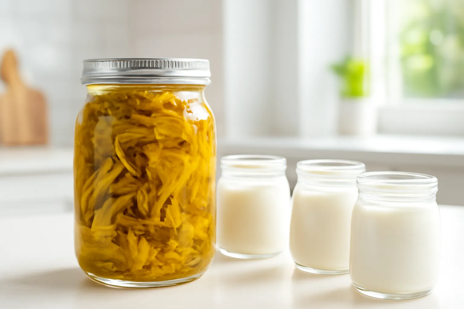 Hũ thuỷ tinh dưa cải vàng ươm cạnh hũ sữa chua trên bàn bếp