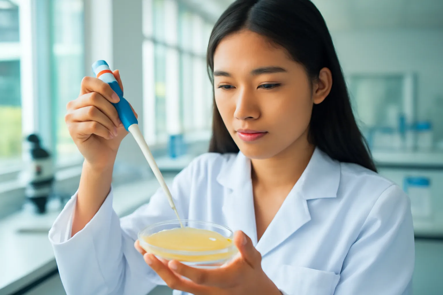 Nghiên cứu viên nhỏ giọt bằng pipet vào đĩa thạch nuôi vi khuẩn