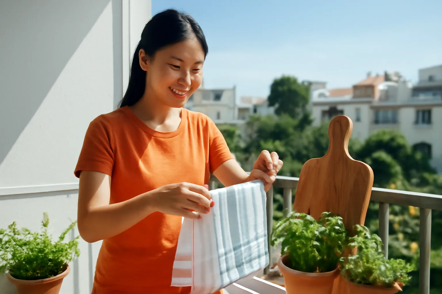 Người phụ nữ phơi thớt gỗ và khăn lau ngoài nắng ban công