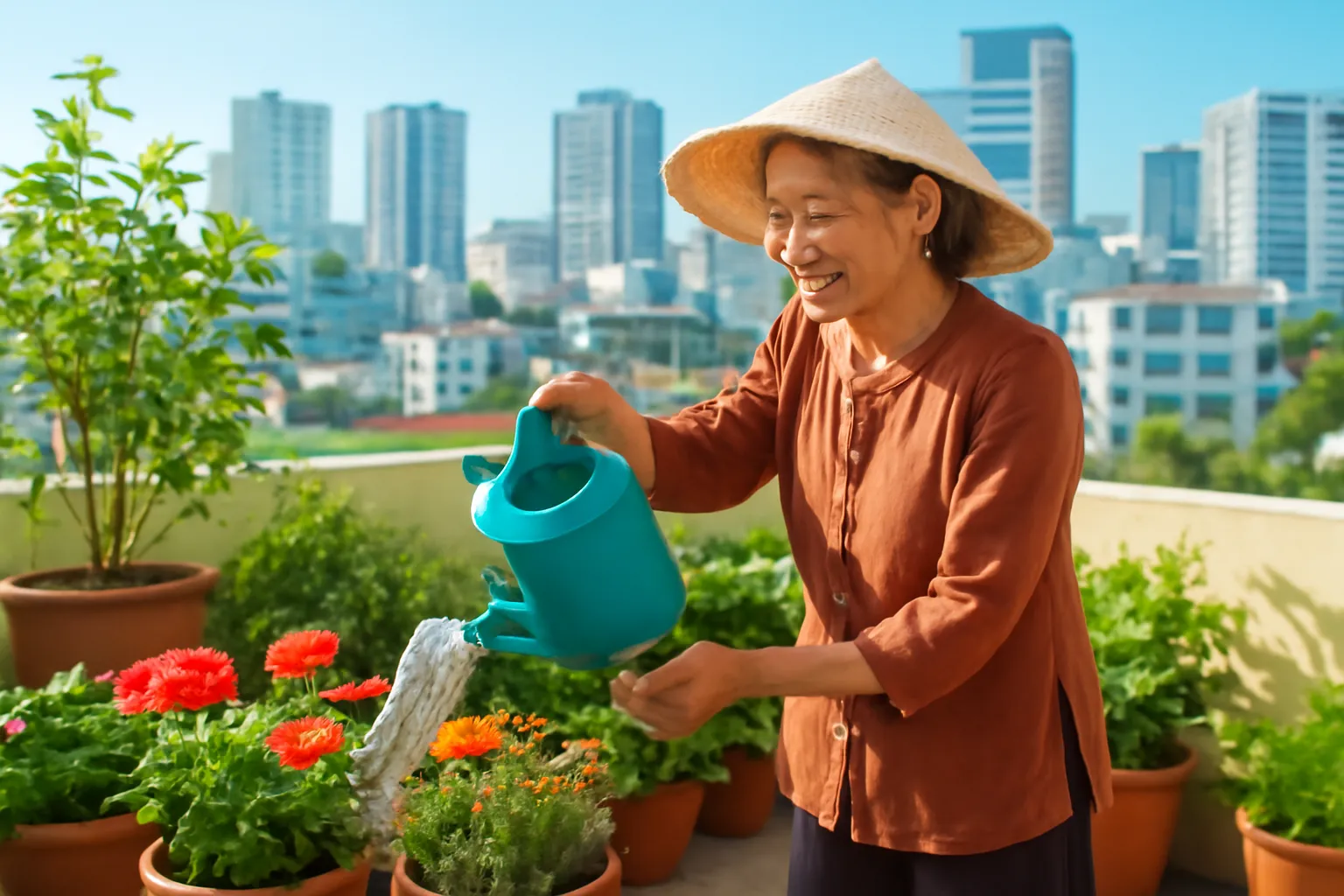 Bà cụ tưới cây trên sân thượng đầy chậu hoa lúc sáng sớm