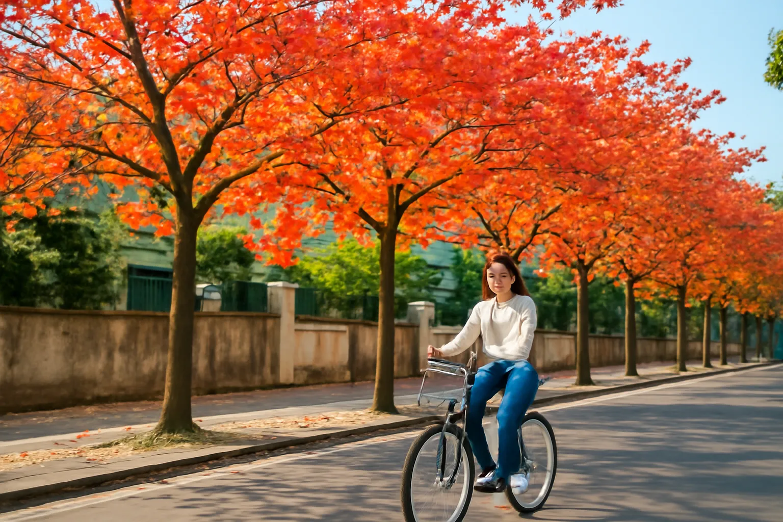 Hàng cây bàng lá đỏ ven phố Hà Nội mùa đông, cô gái đạp xe qua