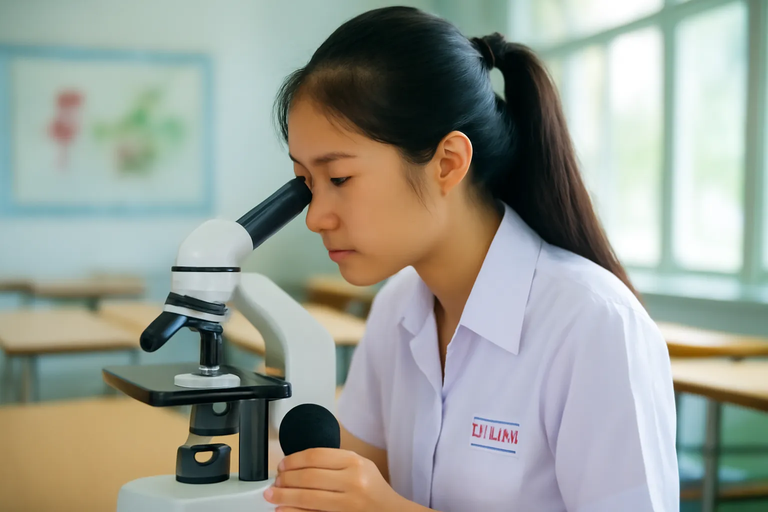 Nữ sinh soi lát vỏ hành dưới kính hiển vi trong phòng thí nghiệm trường
