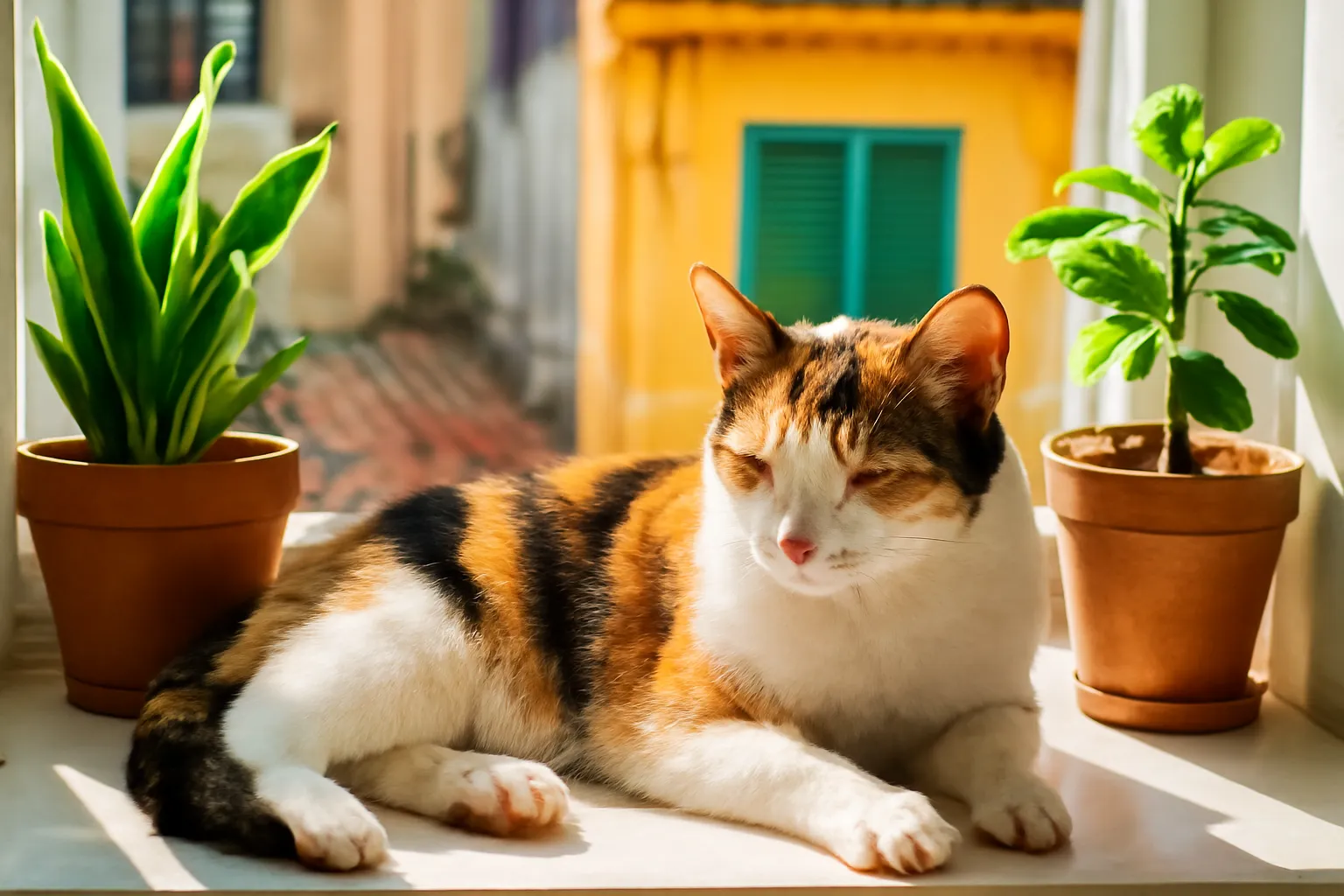 Chú mèo tam thể nằm phơi nắng trên bậu cửa sổ nhà phố