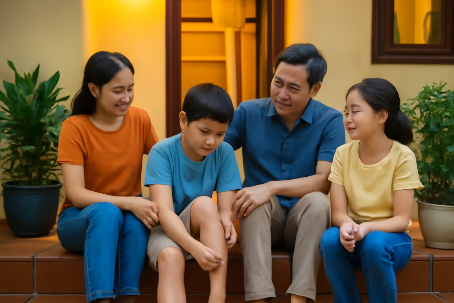Gia đình ngồi hiên nhà buổi tối dưới đèn vàng, cậu bé gãi chân