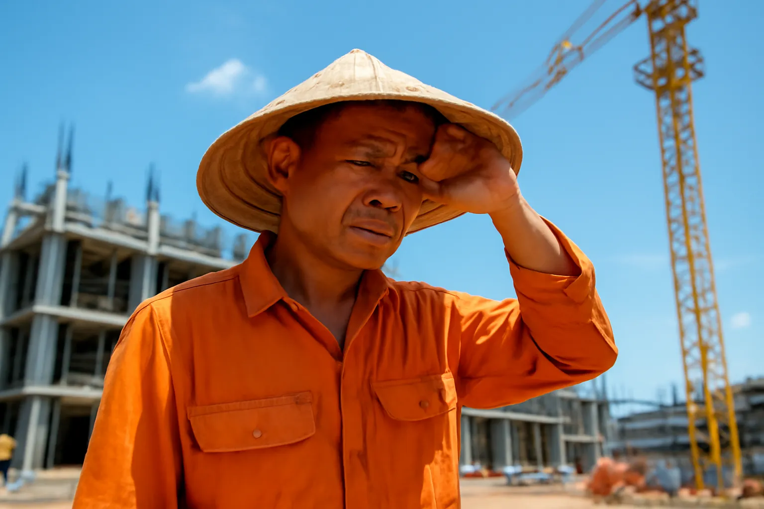 Công nhân xây dựng đội nón lau mồ hôi giữa trưa trên công trường